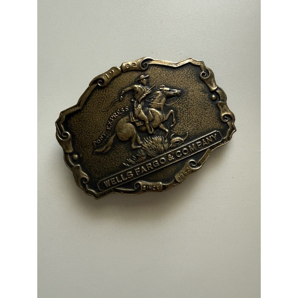 Vintage Wells Fargo Pony Express Belt Buckle 1902 Western Cowboy Brass Tone
